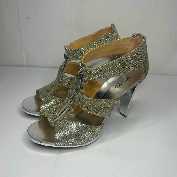 Michael Kors Berkley Silver Glitter Leather Zip Peep Toe T Strap Sandals Heels - Picture 2 of 12